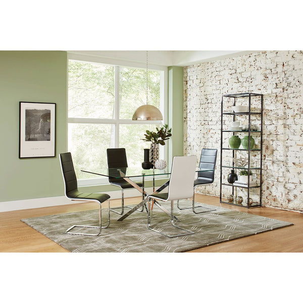 English Elm Andover Sleek 5-Piece Glass Dining Set with Chrome Sculptural Base and Black Fabric Sled Chairs B062S00815