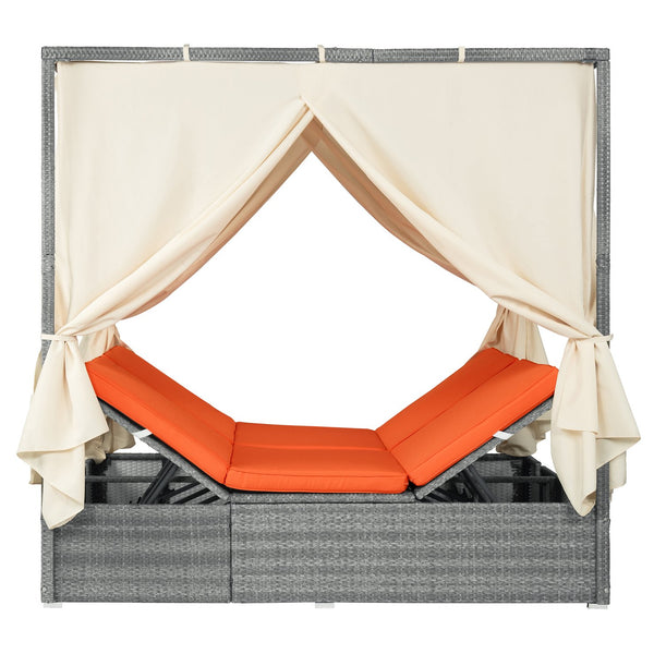 English Elm U_style Outdoor Rattan Steel Chaise Lounge with Shade Canopy and Reclining Cushioned Sunbed Orange WY000471AAO