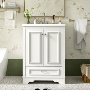 English Elm 24'' Bathroom Vanity with Ceramic Sink Combo Modern Freestanding MDF Cabinet with Soft-Close Doors and Sleek Silver Handles for Spacious Organized Bathroom Storage White N710P194893K