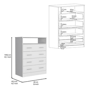 English Elm Four Drawer Dresser with Superior Top and Open Shelf, Engineered Wood, Metal Hardware, Modern Storage White 47 L x 21 W x 4 H B097S00114