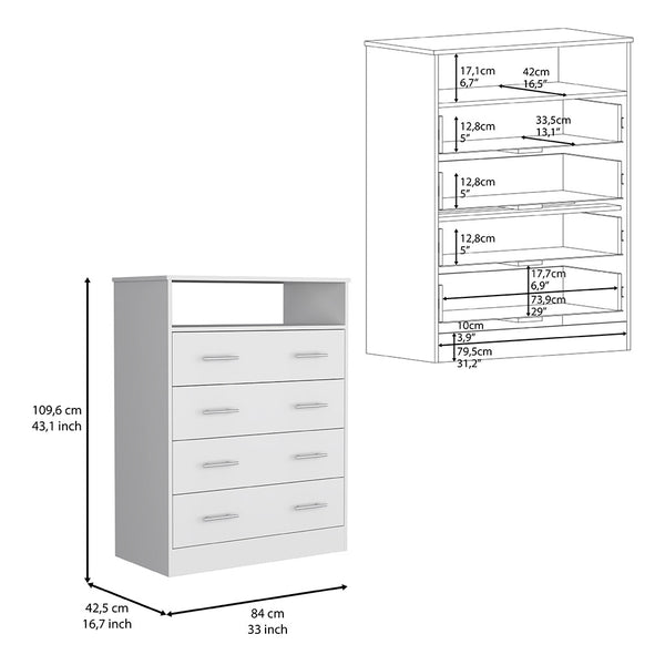 English Elm Four Drawer Dresser with Superior Top and Open Shelf, Engineered Wood, Metal Hardware, Modern Storage White 47 L x 21 W x 4 H B097S00114