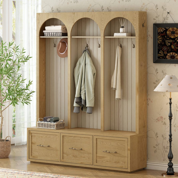 English Elm Farmhouse Hall Tree with Triple Arch Back Panel Eight Hooks Drawers and Entryway Bench N721S000071L