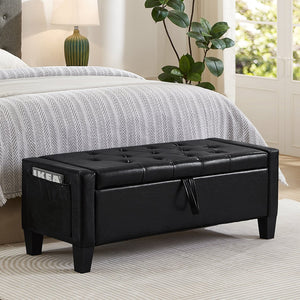 English Elm Ottoman Storage Bench Tufted Linen Upholstered Entryway Seat with Lift Top Shelf Black W2186P465443