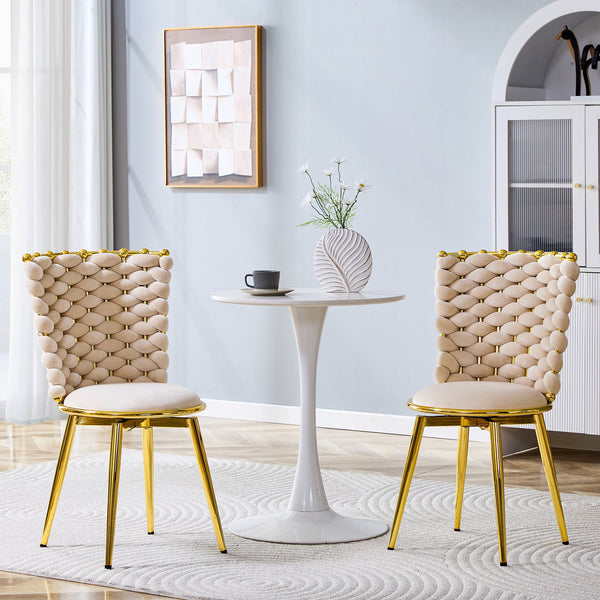 English Elm Set of 2 Velvet Dining Chairs with Braided Rope Backs and Glamorous Metal Legs Beige W3875P399190