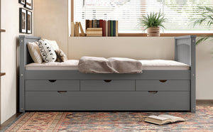 English Elm Twin Solid Wood Platform Bed with Trundle and Two Drawers, White Daybed for Kids Guests Gray W1580S00263