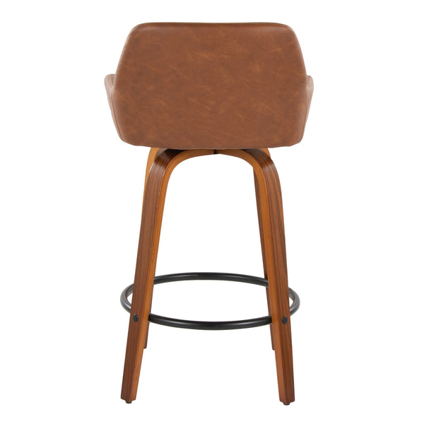 English Elm 26" Mid-century Swivel Counterstools Walnut Legs Camel Faux Leather Seat Set of 2 B202S00235