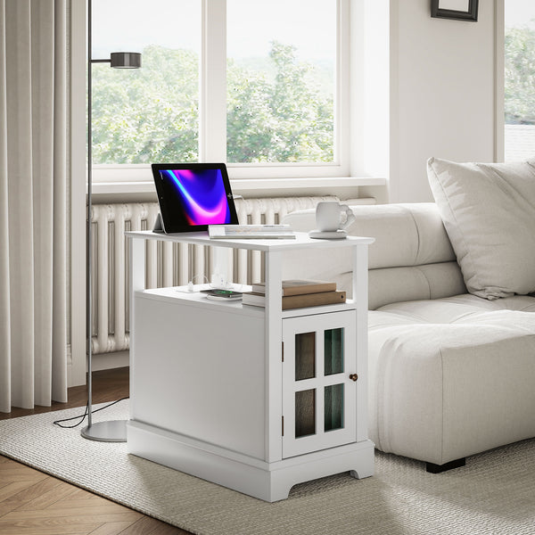 English Elm HOMCOM Narrow End Table with Built-In Charging Station, Hidden Glass Storage and Open Shelf Elegance White W2225P229463