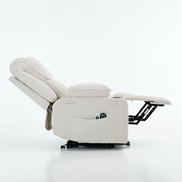 English Elm Ivory Corduroy Recliner with Heat, Massage & Assistive Lift — Remote Control, Cup Tray Comfort W570P320340