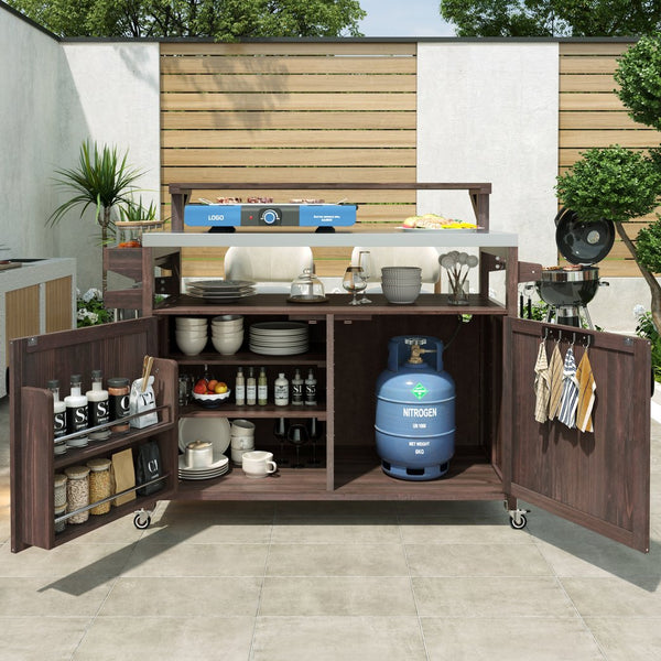 English Elm K&K 53.3" Outdoor Kitchen Island with 1.2" Stainless Top, Spacious Storage, Raised Shelf, Wheels Brown N707P250628Z