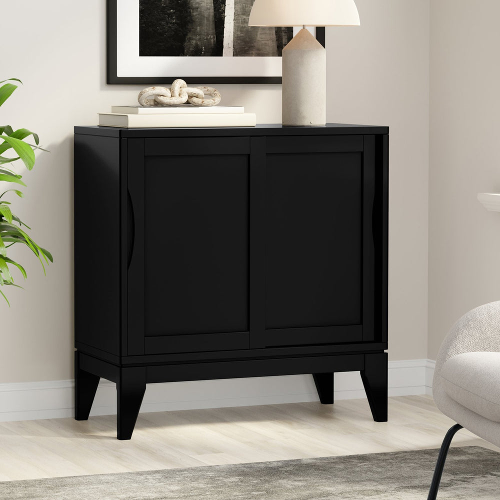 English Elm Harper Rubberwood Low Cabinet Mid-century Modern Sliding Doors Adjustable Shelved Storage B136P436061