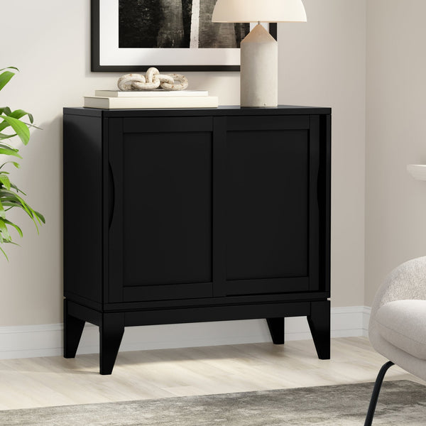 English Elm Harper Rubberwood Low Cabinet Mid-century Modern Sliding Doors Adjustable Shelved Storage B136P436061