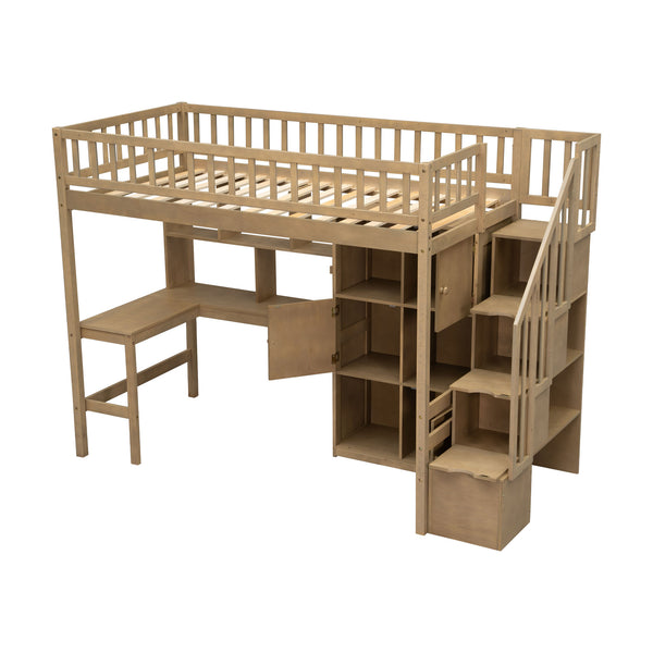 English Elm Wood Twin Loft Bed with Built-In L-Desk, LED Lighting, Staircase Storage, Shelves & Cabinets Walnut N7090000470D