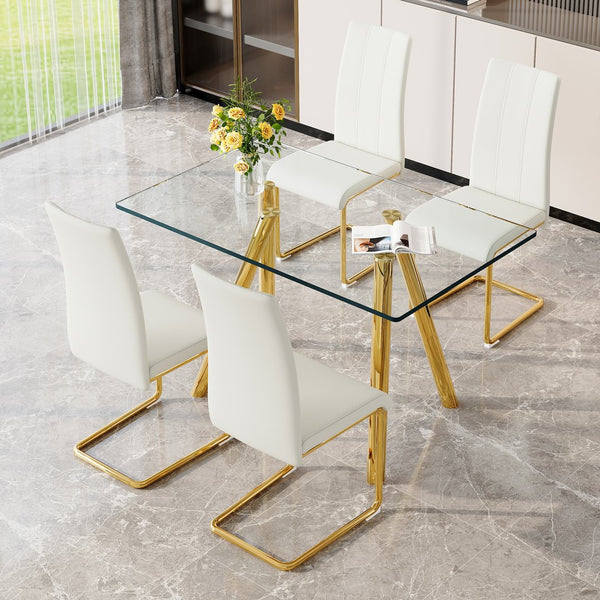 English Elm Tempered Glass Dining Set Seats 4 with Gold Metal Legs and White Pu Leather Chairs W3875S00046