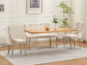 English Elm Velvet Wingback Dining Bench Tufted Two Seat Mid Century Modern Brushed Steel Base Beige W1143P406980