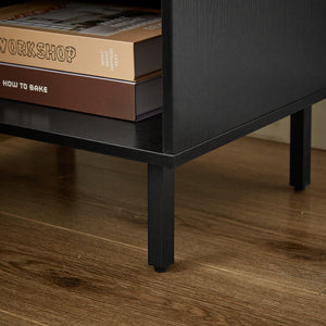 English Elm 2 Set Nightstands with Grille Striped Doors Modern Mid-Century Bedside Tables Black MDF Metal Legs, Storage W578P193301