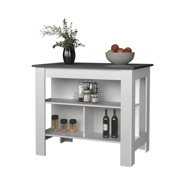 English Elm Gray Kitchen Island with Open Shelves and Gray-White Finish — Stylish Storage, Organized Counterspace for Modern Kitchens B062P252195