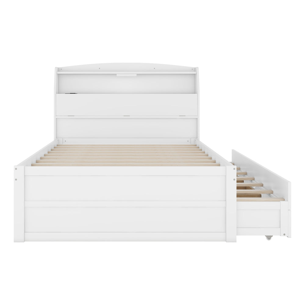 English Elm Full Size Wooden Led Platform Bed With Trundle, Storage Headboard & Drawers - Stylish White Design N820S00009K