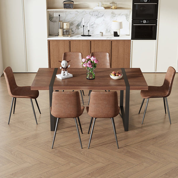 English Elm Table and Chair Set Industrial Walnut Six Seat Dining with Metal Frame Brown Fabric W1151S02436