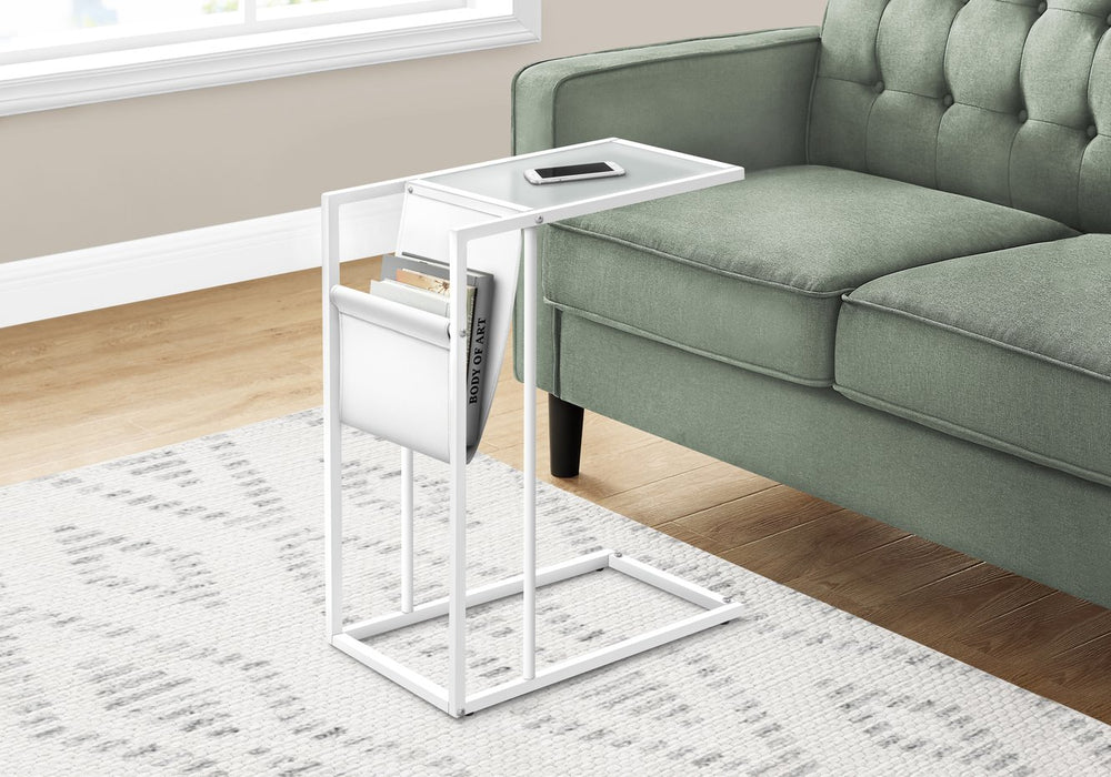 English Elm Accent C-Shape Side Table with Leather-Look Magazine Holder, Frosted Glass Top, White Metal Base B2710P219178