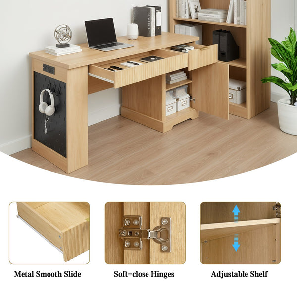 English Elm 55" Fluted White Computer Desk with Power Outlet Pegboard Cabinet and Keyboard Tray W2917P396017