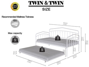 English Elm Fox Twin Daybed with Twin Trundle Metal Frame, Easy-Glide Casters, Anti-Noise Slats, No Box Spring Needed White B083P154255