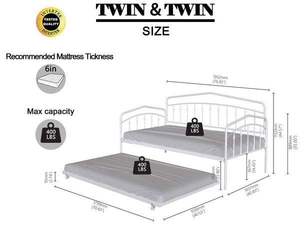 English Elm Fox Twin Daybed with Twin Trundle Metal Frame, Easy-Glide Casters, Anti-Noise Slats, No Box Spring Needed White B083P154255