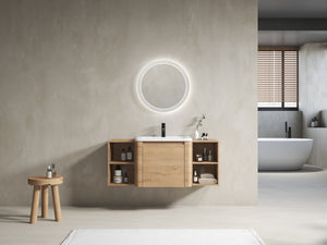 English Elm 48'' Wall-Mounted Bathroom Vanity With Soft-Close Door, White Sink, Storage Shelves & Plywood Design W999S00430