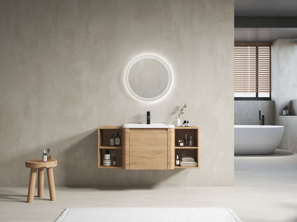 English Elm 48'' Wall-Mounted Bathroom Vanity With Soft-Close Door, White Sink, Storage Shelves & Plywood Design W999S00430
