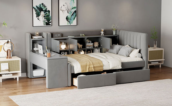 English Elm Twin Upholstered Daybed with Velvet Finish, High Back Shelves, Flip Cabinets, Drawers & Side Table Gray SF000196AAE