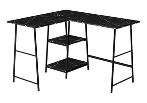 English Elm Computer Desk - Stylish L-Shaped Corner Workspace With Black Marble Look & Open Storage Shelves B2710P221284