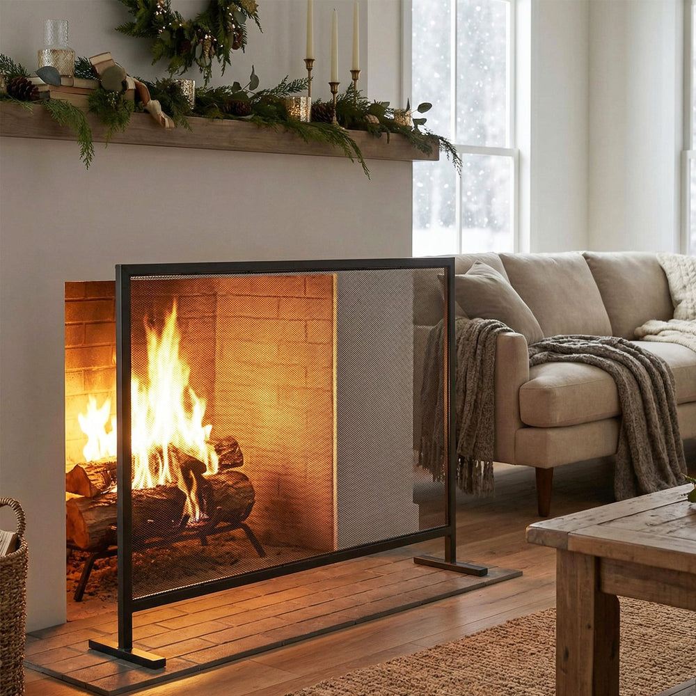 English Elm Regina Single Panel Iron Fireplace Screen Fine Mesh Hearth Guard in Matte Black N775P386918B