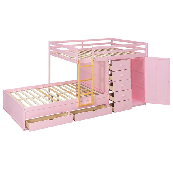 English Elm Full Size Bunk Bed with Integrated Drawers Wardrobe Mdf Solid Wood Kids Storage Pink LT000463AAH