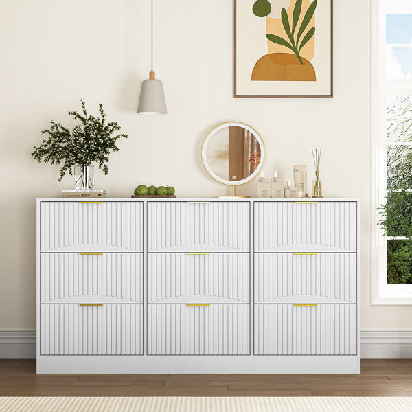 English Elm Black Nine Drawer Wide Dresser Matte Wood Chest with Wavy Relief Panels Bedroom Storage White W409P307539