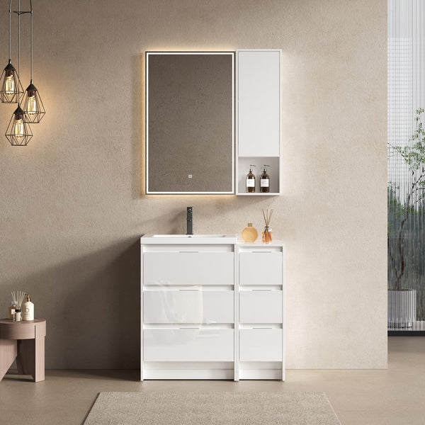 English Elm 36" Freestanding Bathroom Vanity Set With Resin Sink, Soft-Close Drawers, And Stylish Wall Cabinet W999S00434