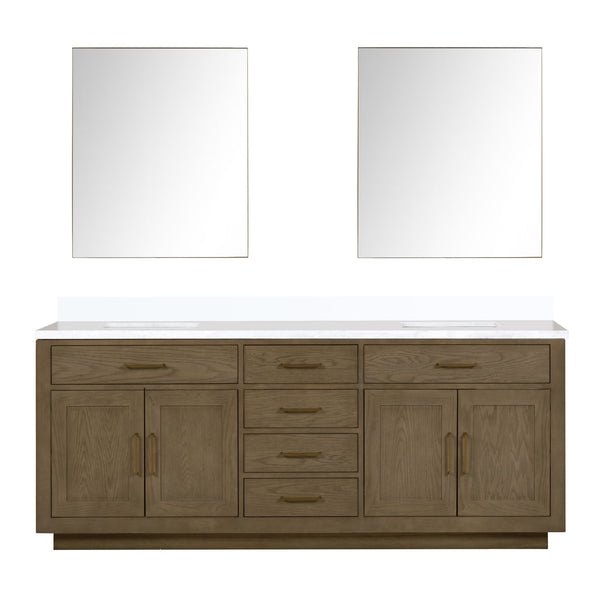 English Elm Grey Oak Double Bath Vanity Set With White Quartz Top & 36" Frameless Mirrors For Modern Elegance B2731S01559