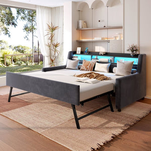 English Elm Twin Size Daybed With Trundle, Plush Velvet Upholstery, Led Lights & Charging Station For Modern Spaces W1670S00026-GIGA