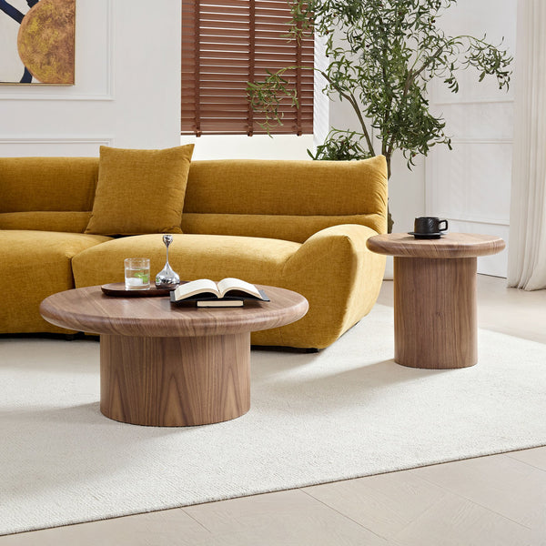 English Elm 2-piece Nesting Round Coffee Table Set Wood Veneer Sculptural Living Room Accent Walnut W2582S00184