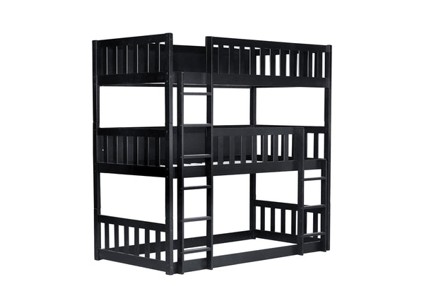 English Elm Twin Triple Rubberwood Bunk Bed with Ladders & Guardrails, Space-Saving Modular Design for Families Black W504S00173