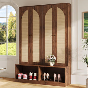 English Elm Rattan Door Hall Tree Bench with 6 Hooks Farmhouse Entryway Storage N721S000074D