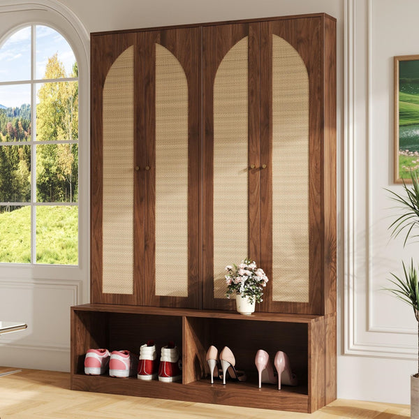 English Elm Rattan Door Hall Tree Bench with 6 Hooks Farmhouse Entryway Storage N721S000074D