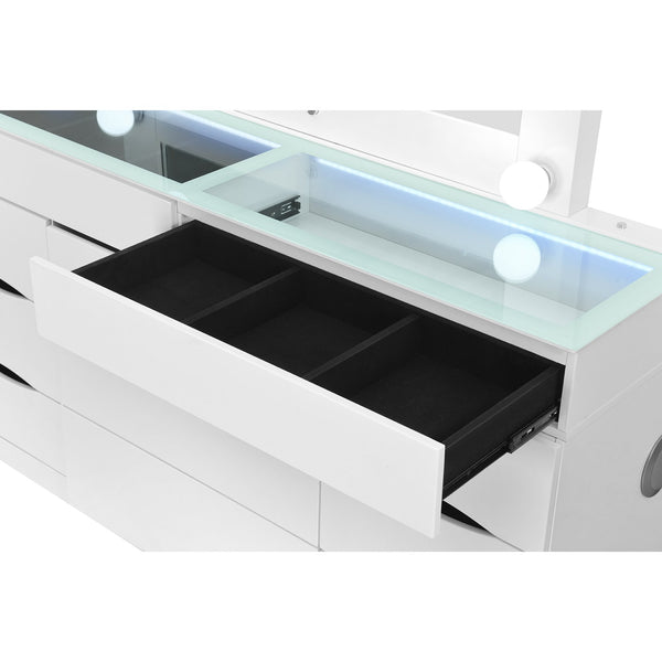 English Elm ELISA Glam LED Vanity Table with Glass Top, Built-In Speakers, Storage Stool and Mirror Lighting White 30.75 L x 19.69 W x 28.86 H B201S00353