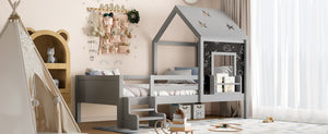 English Elm Full Bunk Bed with Trundle Bookshelf Storage Pine Frame Car Design for Kids Gray W1580S00294