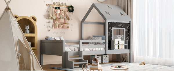 English Elm Full Bunk Bed with Trundle Bookshelf Storage Pine Frame Car Design for Kids Gray W1580S00294