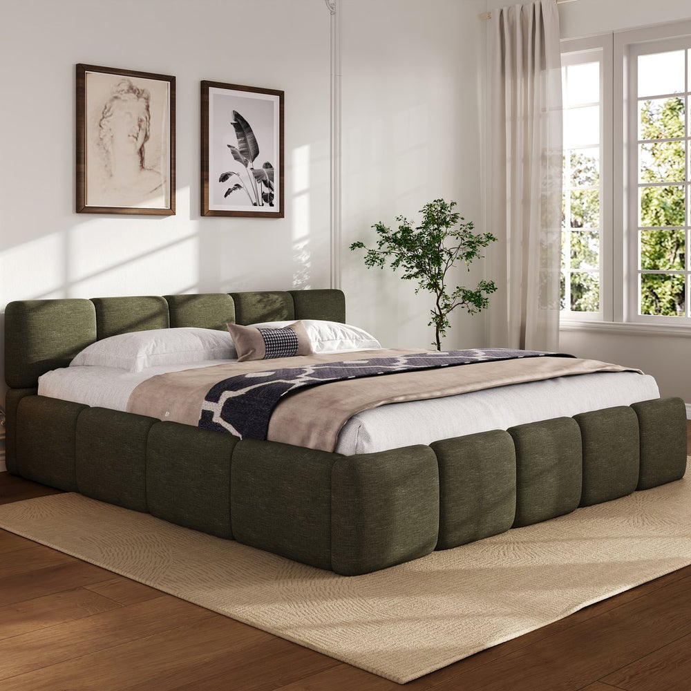 English Elm King Platform Bed Linen Upholstered Block Silhouette Solid Wood Frame Bedroom Anchor N757P385454D