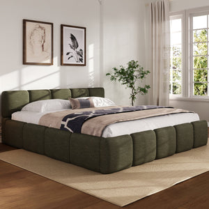 English Elm California King Boucle Upholstered Platform Bed Thick Block Headboard Modern Suite N757P391356D