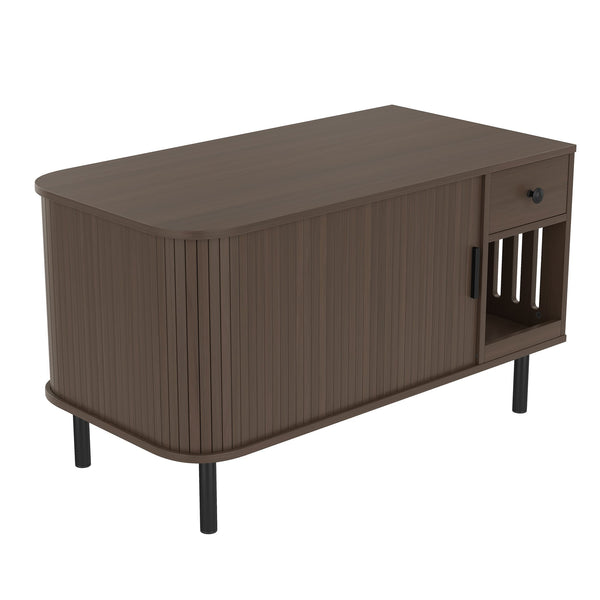 English Elm 37.4" Mdf Cat Litter Enclosure with Tambour Door Walnut Finish and Charging Station N704P380550D