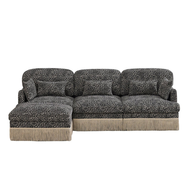 English Elm 100"comfy Chenille Leopard Print Sectional Sofa with Tassel Trim and Movable Ottoman Khaki W5656S00023