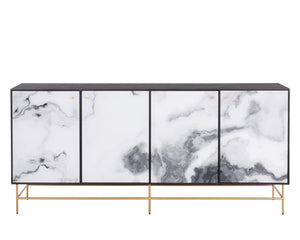 Sunpan Cordero Sideboard: Modern Acacia Wood Beauty with Marble Design, Antique Brass Legs & 4 Cabinets