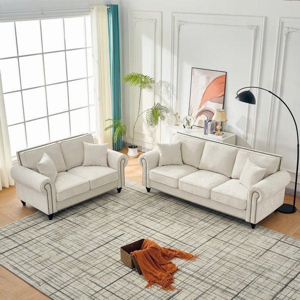 English Elm Modern Chenille 3+2 Seater Sofa with Rolled Arms, Velvet Touch, Nailhead Trim, Solid Wood Legs, Cozy Beige W3373S00022