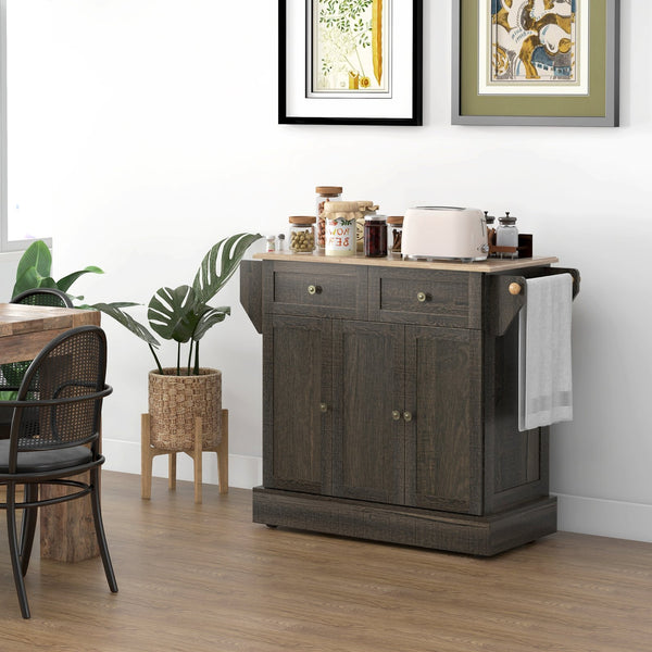 English Elm HOMCOM Butcher Block Kitchen Island on Wheels with 3 Cabinets, Drawers, Towel & Spice Rack, Brown W2225P217420